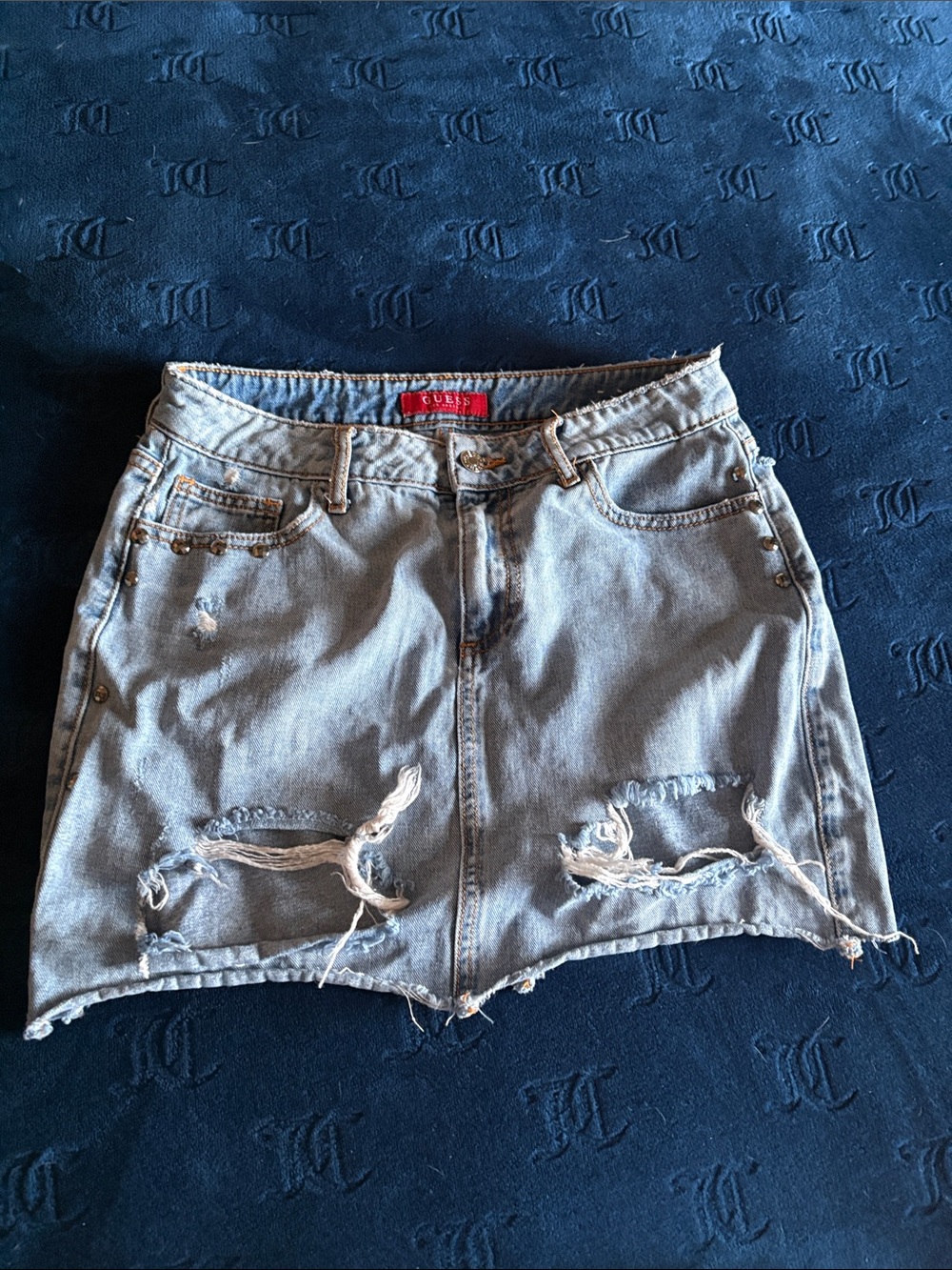 G by Guess Light Blue Distressed Denim Mini Skirt